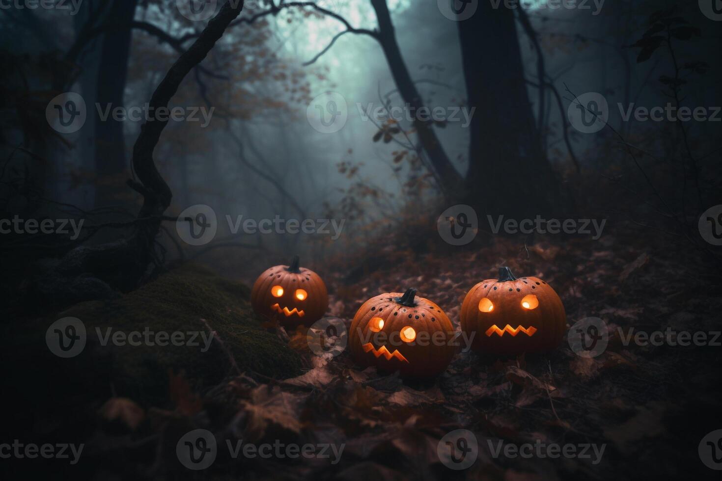 escalofriante Víspera de Todos los Santos calabaza en el bosque creado utilizando generativo ai foto