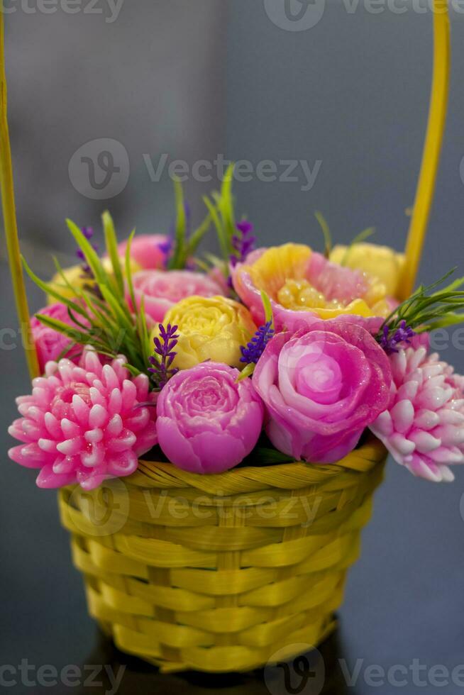 A bouquet of flowers that are made of soap. Soap bouquet, flower arrangement. For interior decoration or as a gift. photo
