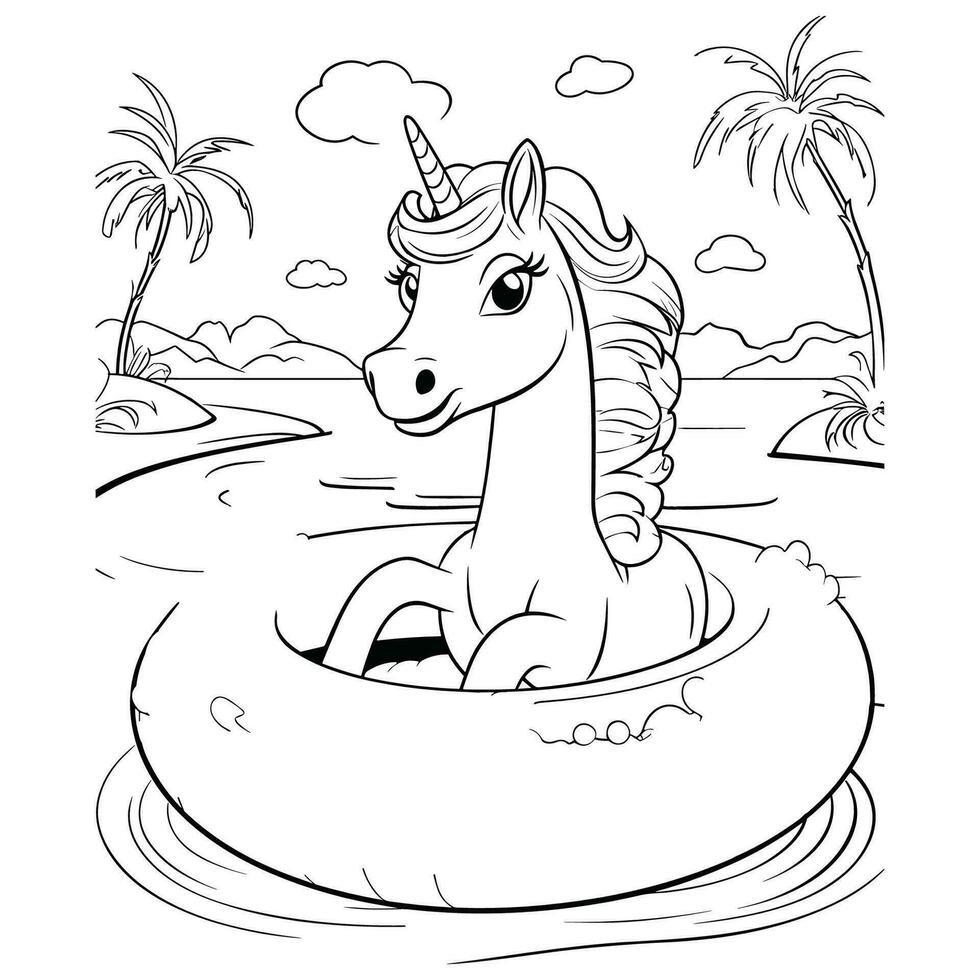 Unicorn Strolling On The Beach Coloring Page vector