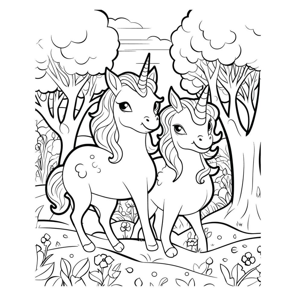 Pareja unicornio caminando en bosque color página vector