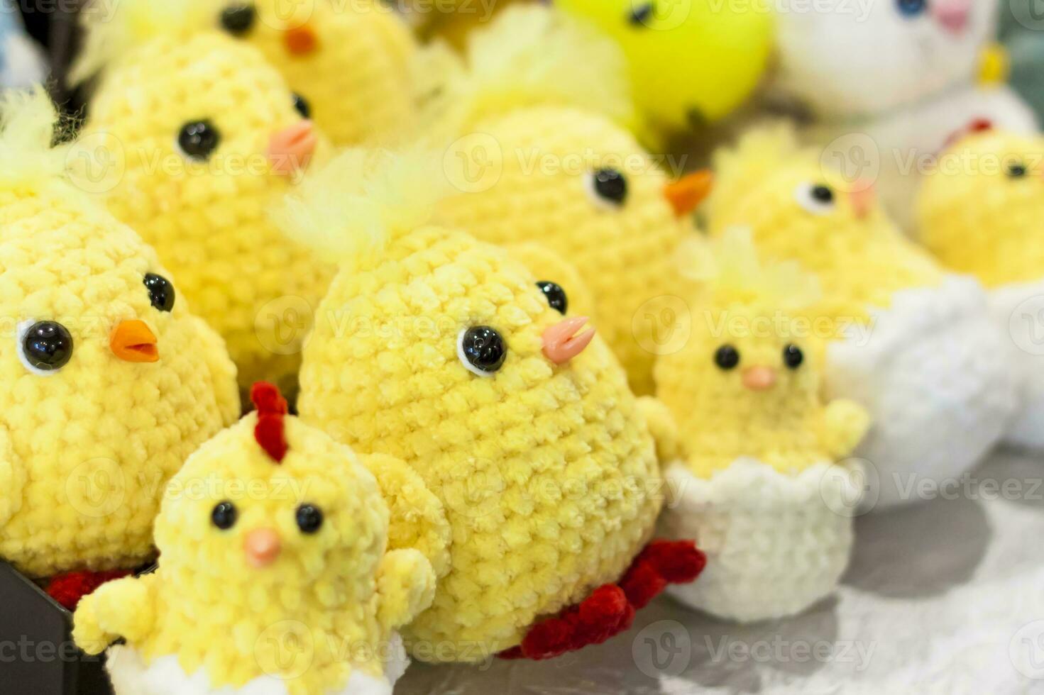Knitted toys. Crocheted Easter yellow chickens. Handmade Easter Toy, Plush Stuffed Toys, photo