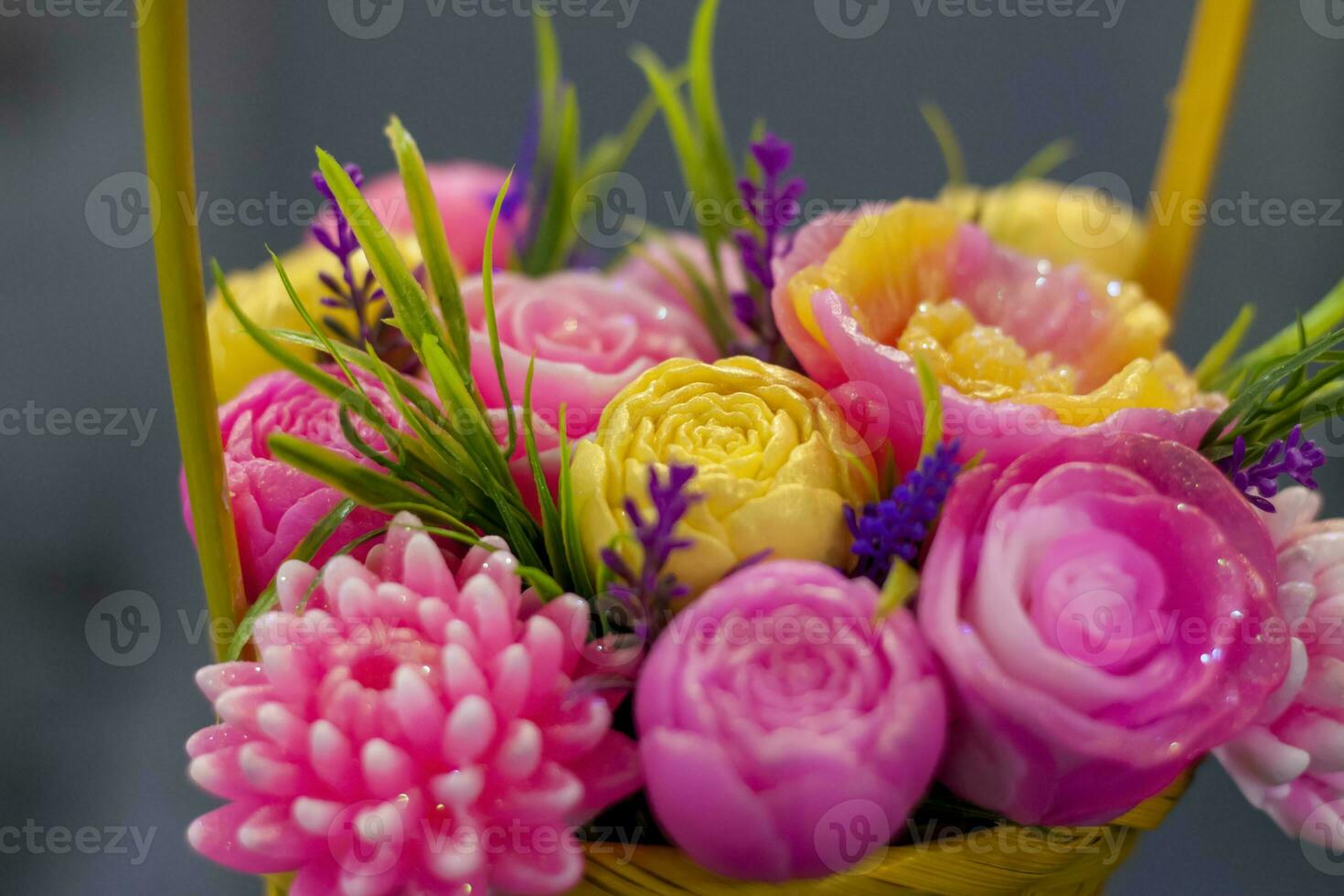 A bouquet of flowers that are made of soap. Soap bouquet, flower arrangement. For interior decoration or as a gift. photo