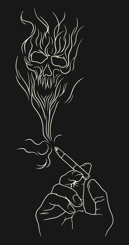 Burning cigarette with a smoke formed skull. Vector line art illustration. Isolated on black background