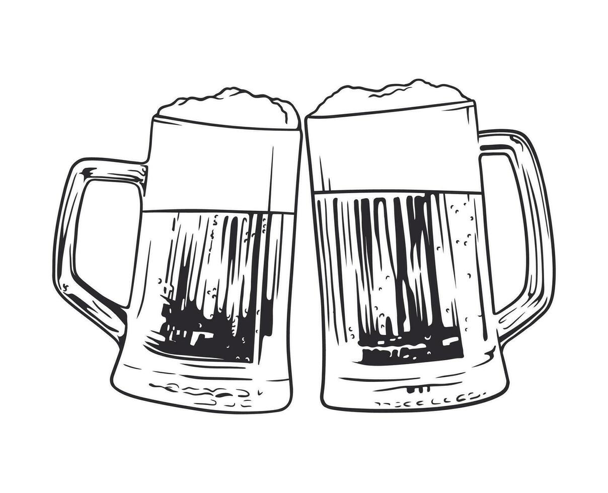 Illustration of two toasting beer mugs. Cheers. Clinking glass tankards full of beer. Hand drawn vector line art