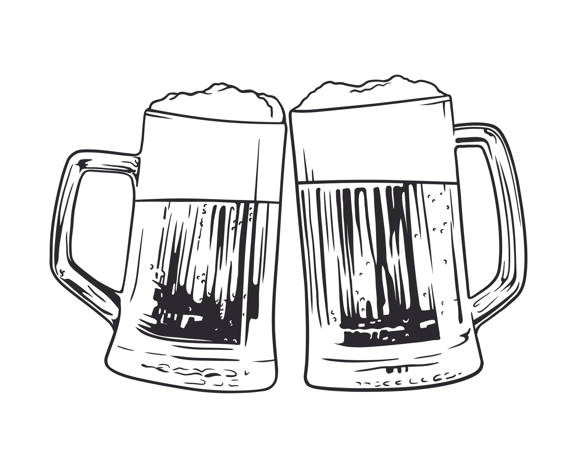 Illustration of two toasting beer mugs. Cheers. Clinking glass tankards