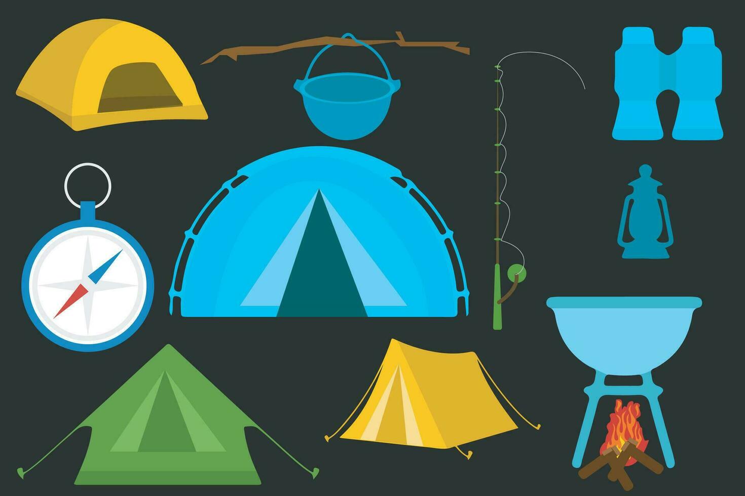 set of hiking equipment. Items for summer camping, trekking. Travel supplies icons for outdoor base camp. Backpack vector