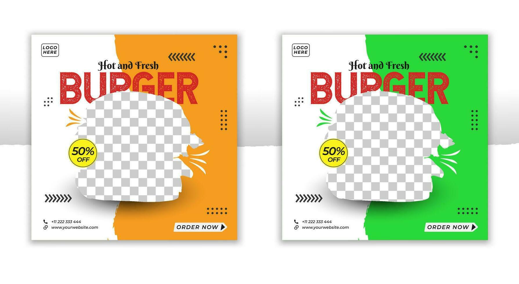 two posters for a burger restaurant with a green and orange background vector