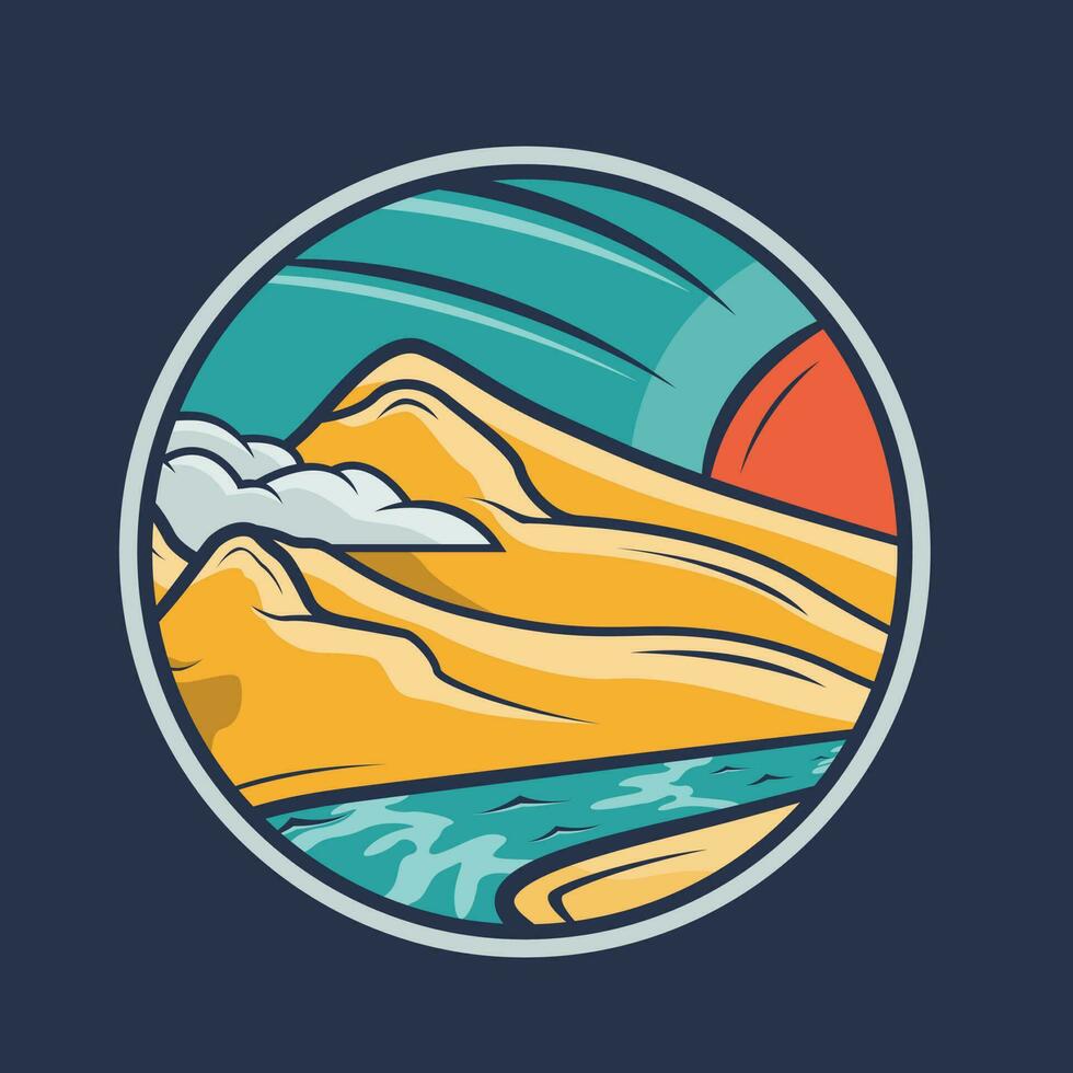 montaña río y Dom con azul cielo en circulo emblema logo retro ilustración vector