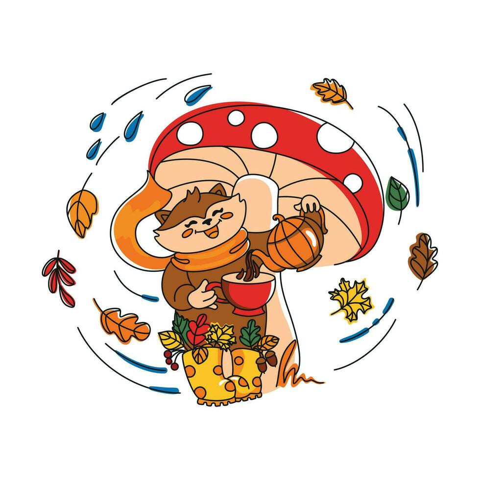 ute raccoon drinks tea hiding from the rain under a fly agaric hat in the autumn forest. Autumn illustration. vector
