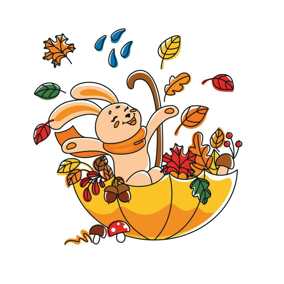 Cute bunny is playing in the park with autumn leaves. Child's illustration. Vector