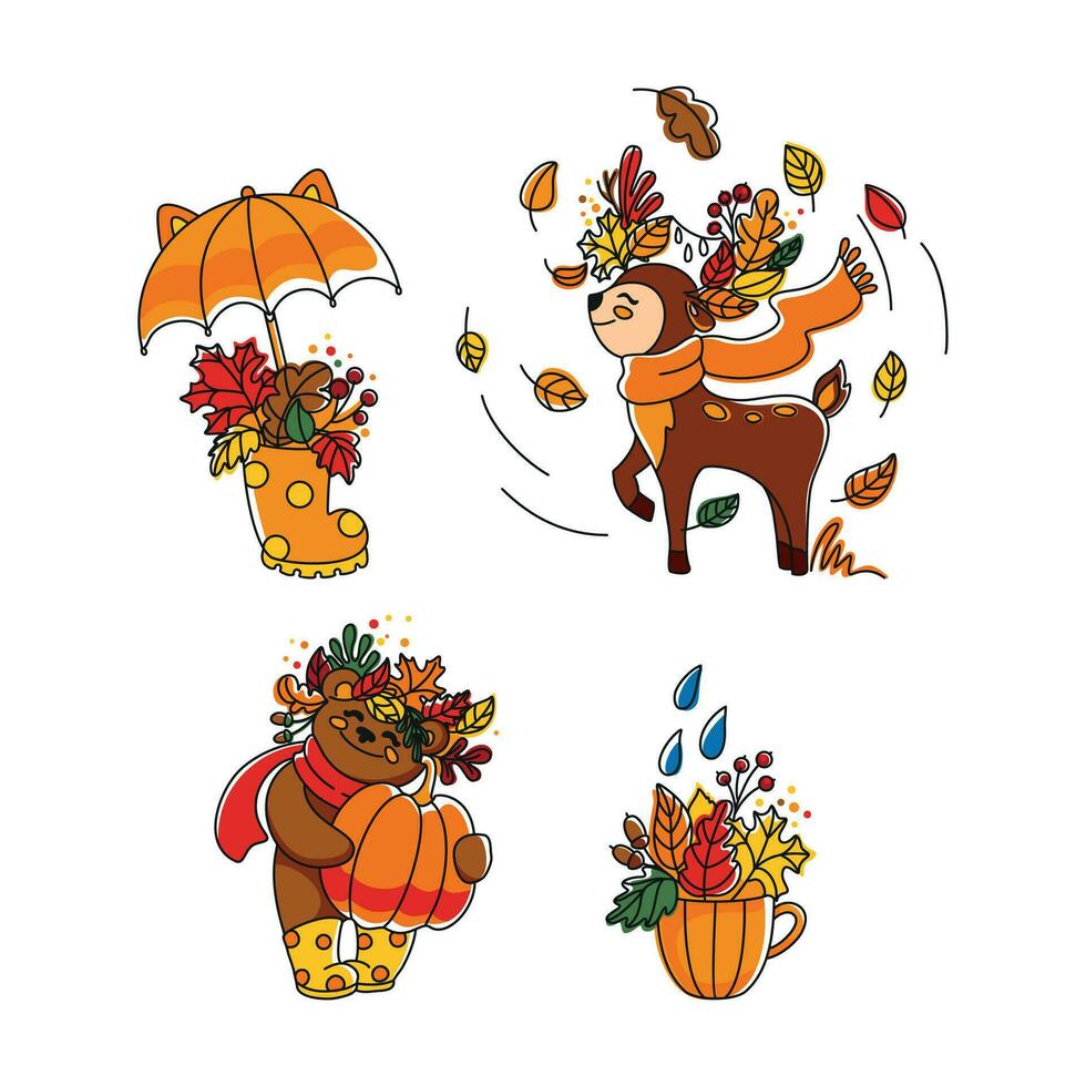 Cute autumn illustrations with animals in the forest. Vector