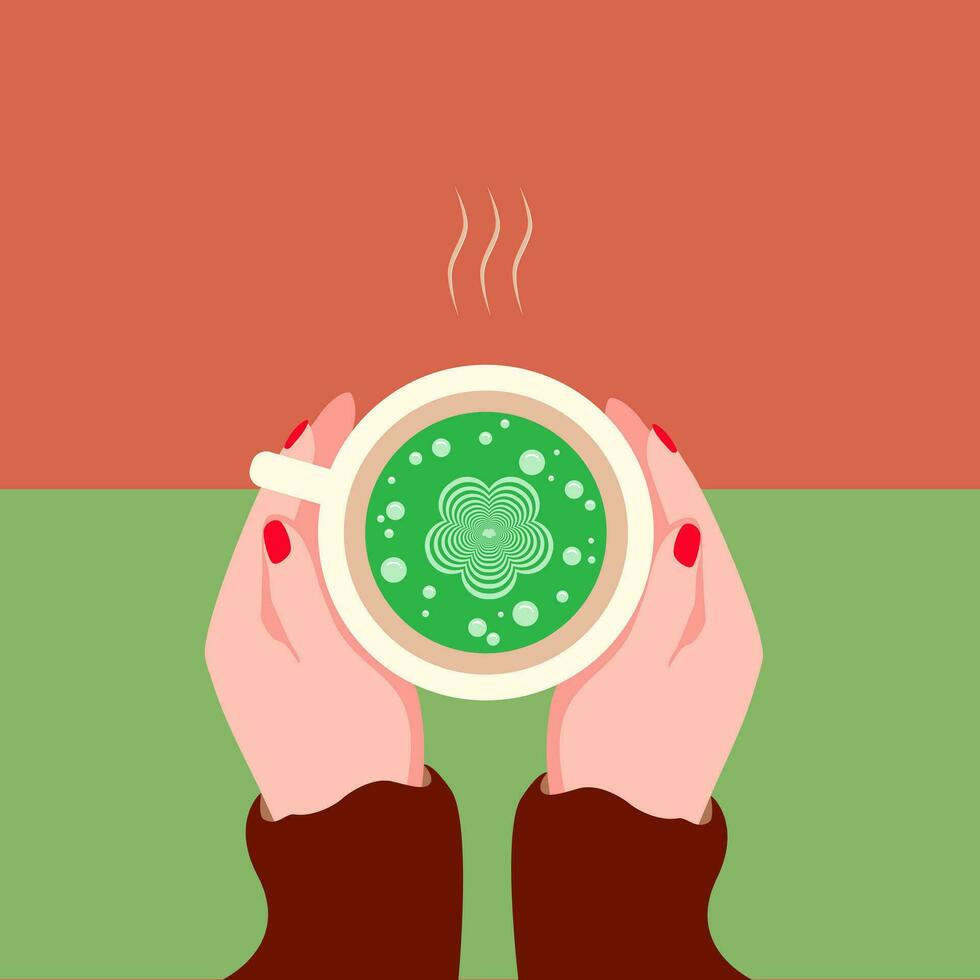 Vector illustration of a woman hand holding a cup of hot green tea with flower shaped foam. warm autumn time hot green tea with flower.