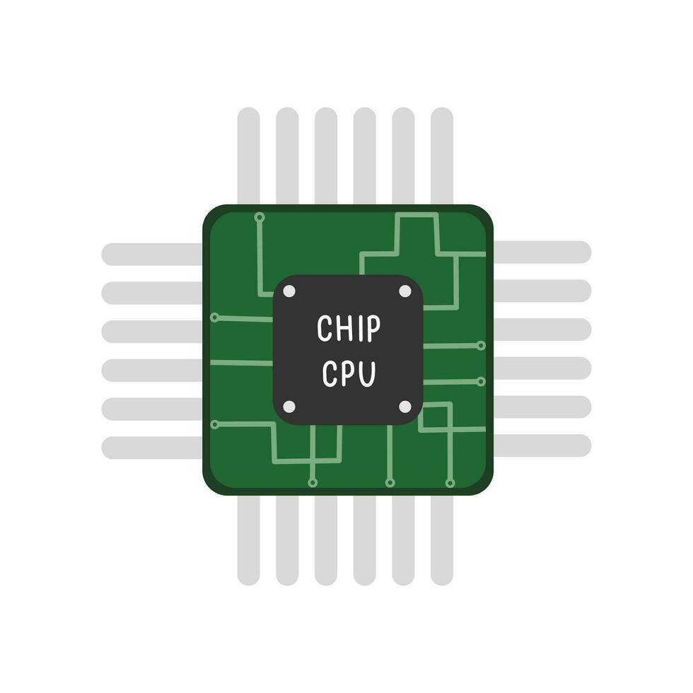 Processor or electronic chip on circuit board. flat vector illustration Computer Chip, Circuit Board, CPU.