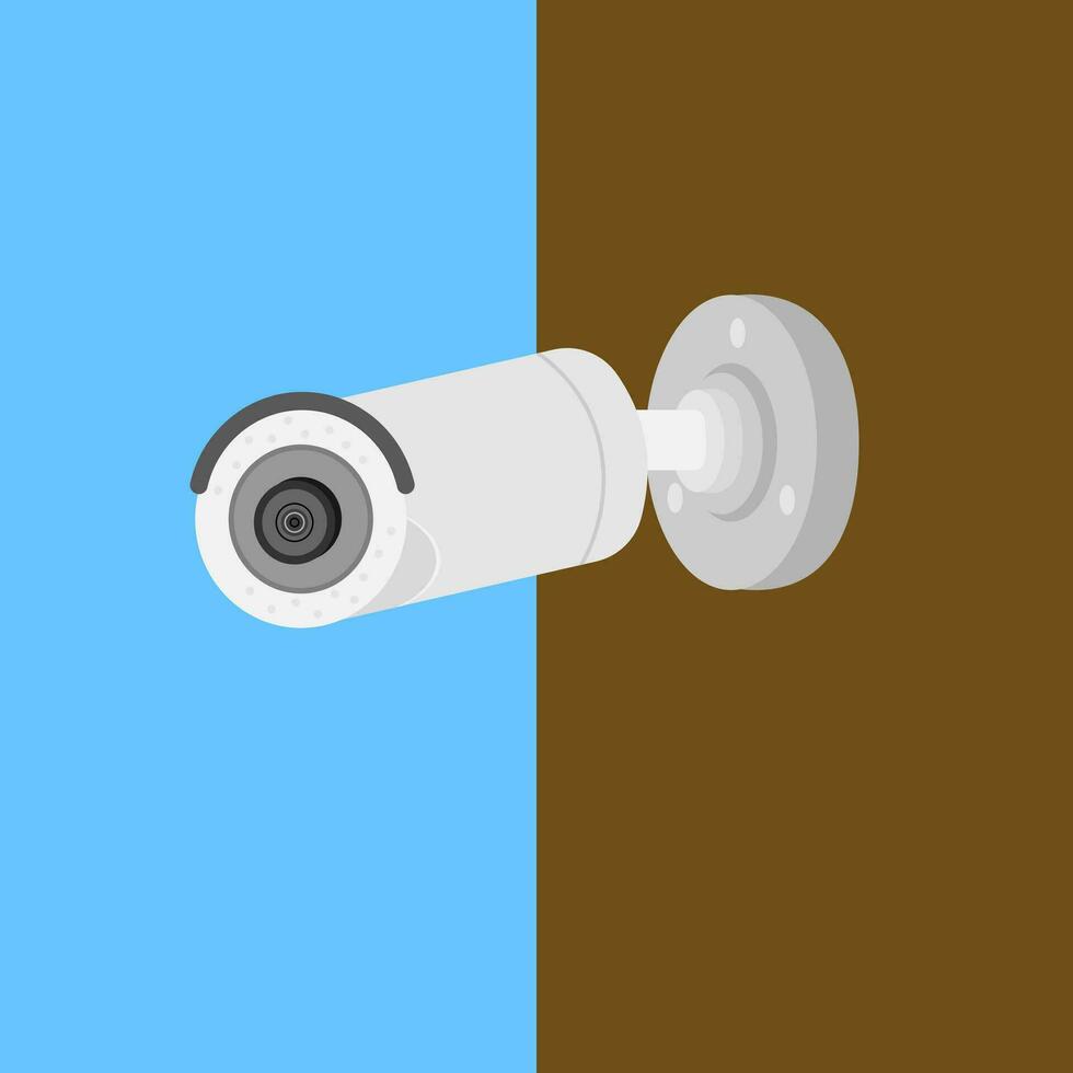 Security camera. White CCTV surveillance system. Monitoring, guard equipment, burglary or robbery prevention. Vector illustration isolated on blue background.