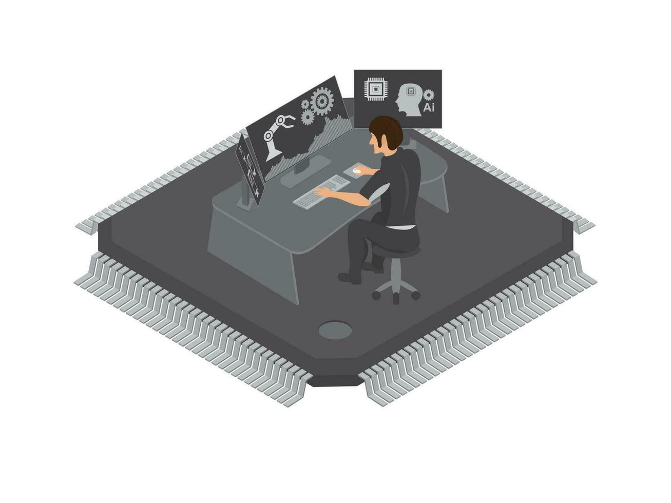 gerentes son utilizando ordenadores a desarrollar robot brazo controlar software en grande microchips vector