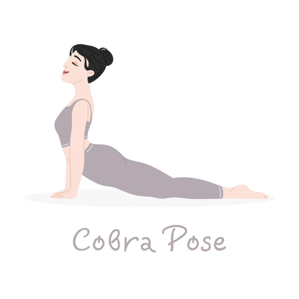 The girl does yoga. Yoga cobra pose. The designation of the yoga pose. Vector flat illustration