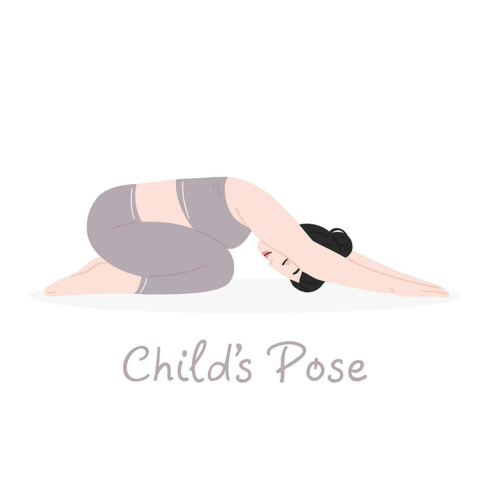 The girl does yoga. Yoga child's pose. The designation of the yoga pose. Vector flat illustration