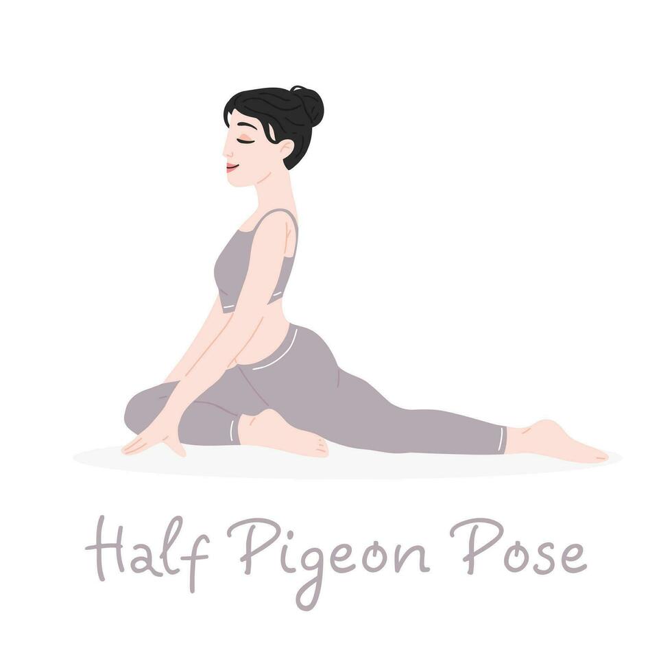 The girl does yoga. Yoga half pigeon pose. The designation of the yoga pose. Vector flat illustration