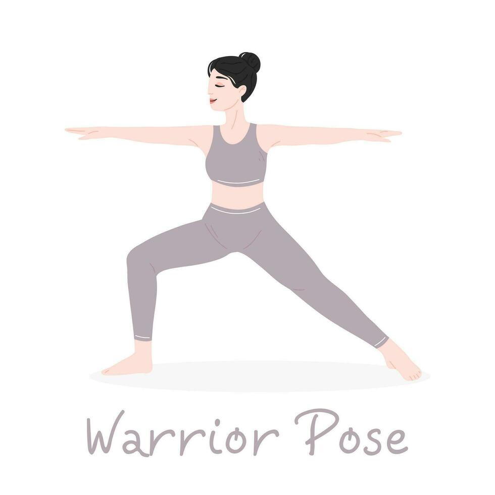 The girl does yoga. Yoga warrior pose. The designation of the yoga pose. Vector flat illustration