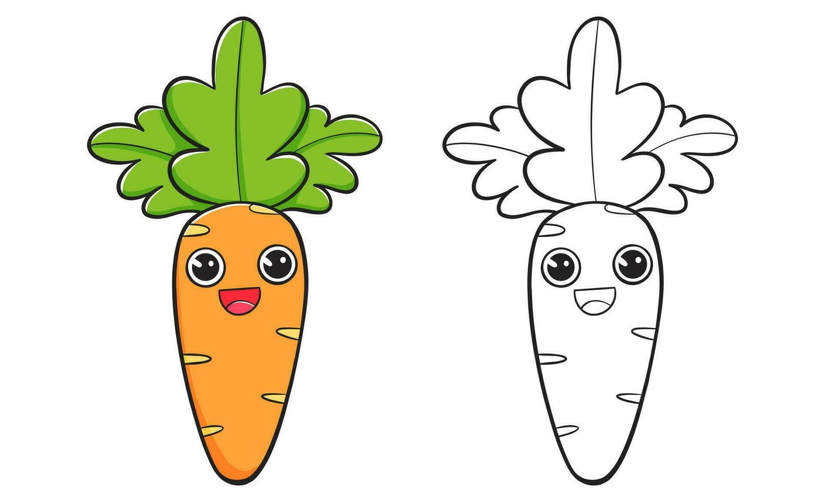 Carrot character coloring book with coloring example for kids. Coloring page with carrot. Monochrome and color version. Vector children's illustration