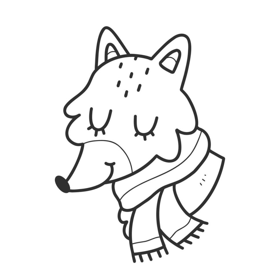 Fox doodle. A fox with a scarf in a linear style. Vector isolated illustration on a white background