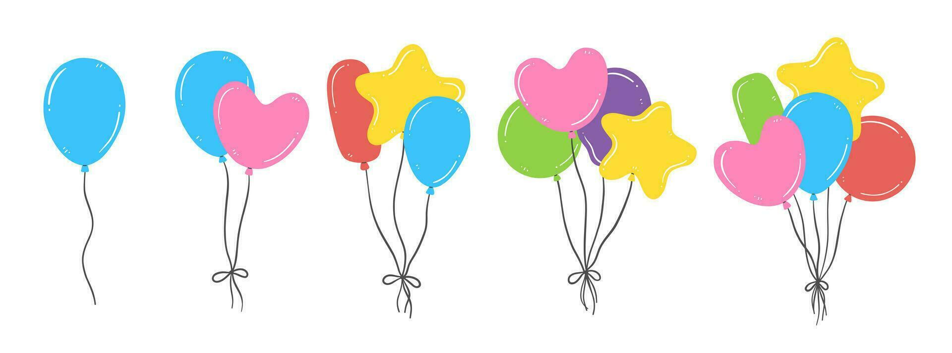 A set of colorful festive balloons. A collection of bright balls of different shapes in a flat cartoon style. Branch of balloons.Vector isolated illustration. vector