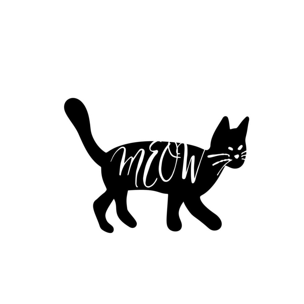 Black cat illustration with Meow text isolated on white background vector