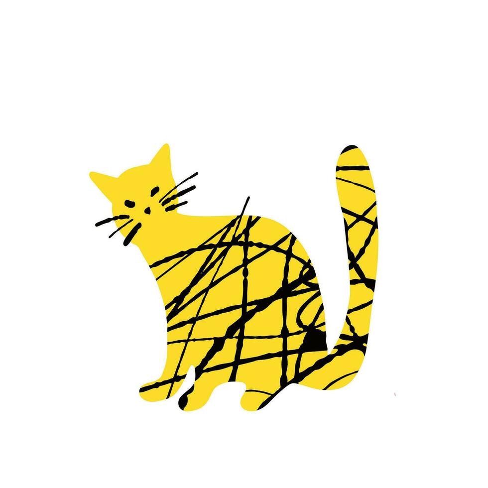 Textured cute cat illustration yellow and black color isolated on white vector