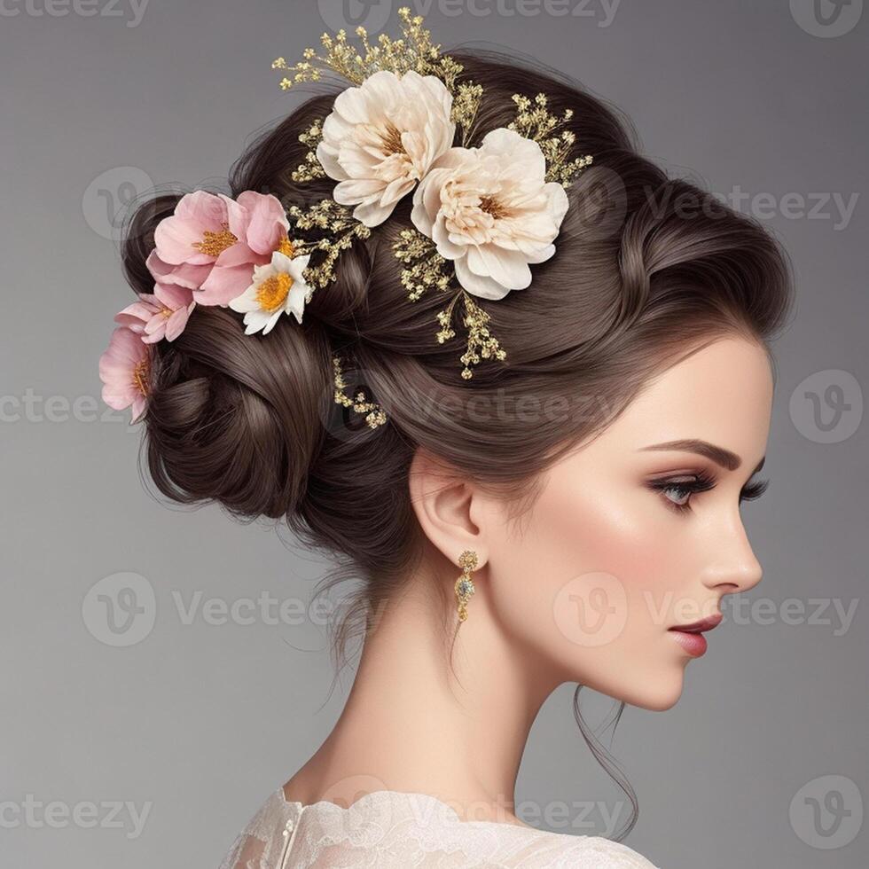 Create an elegant image of a woman with a classic updo hairstyle, adorned with delicate flowers, . photo