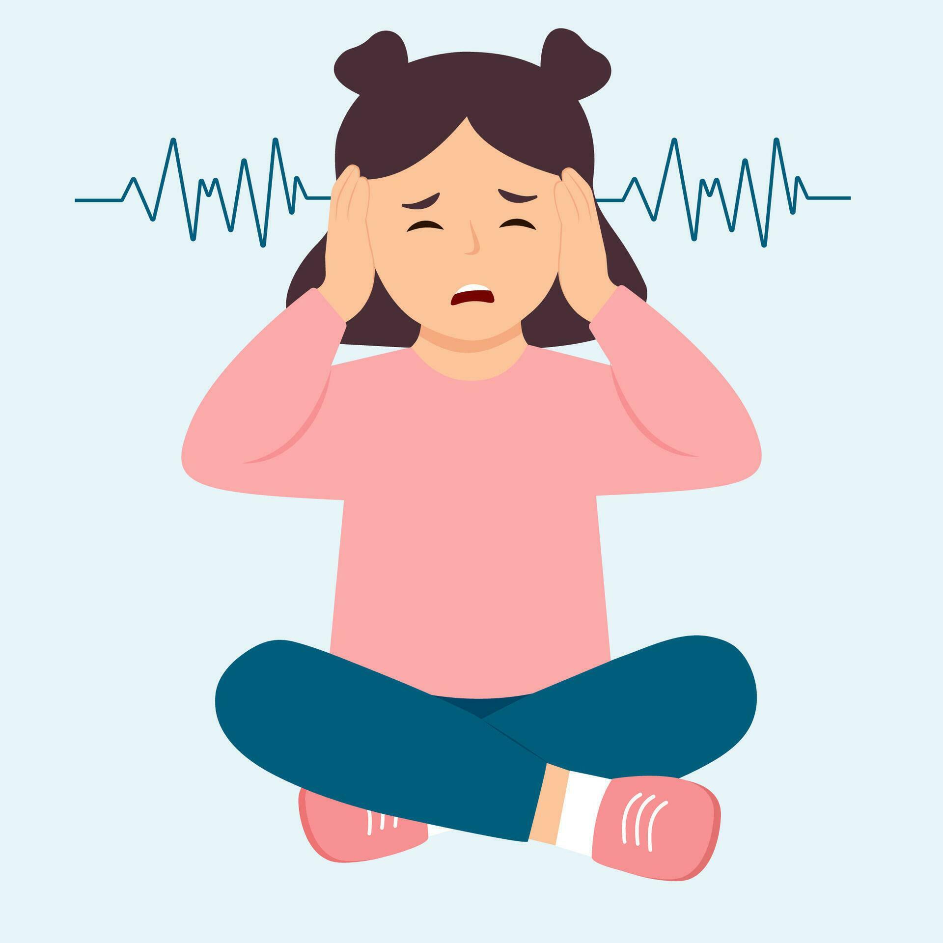 Autism. Boy closing and plugging ears with hands.Kid sensitive to loud