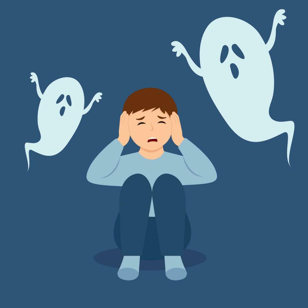 niño es temeroso de fantasma. trastornado chico siguiente a monstruo, fantasma en oscuro. pesadilla, temor de oscuro, fobia.panic ataque, psicología mental salud concepto. vector ilustración