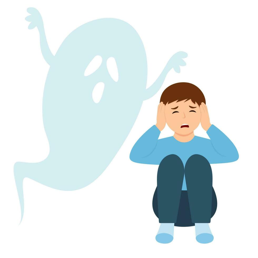 temor de oscuridad concepto. niño es temeroso de fantasma. trastornado chico siguiente a monstruo, fantasma en oscuro. pesadilla, temor de oscuro, fobia. vector ilustración