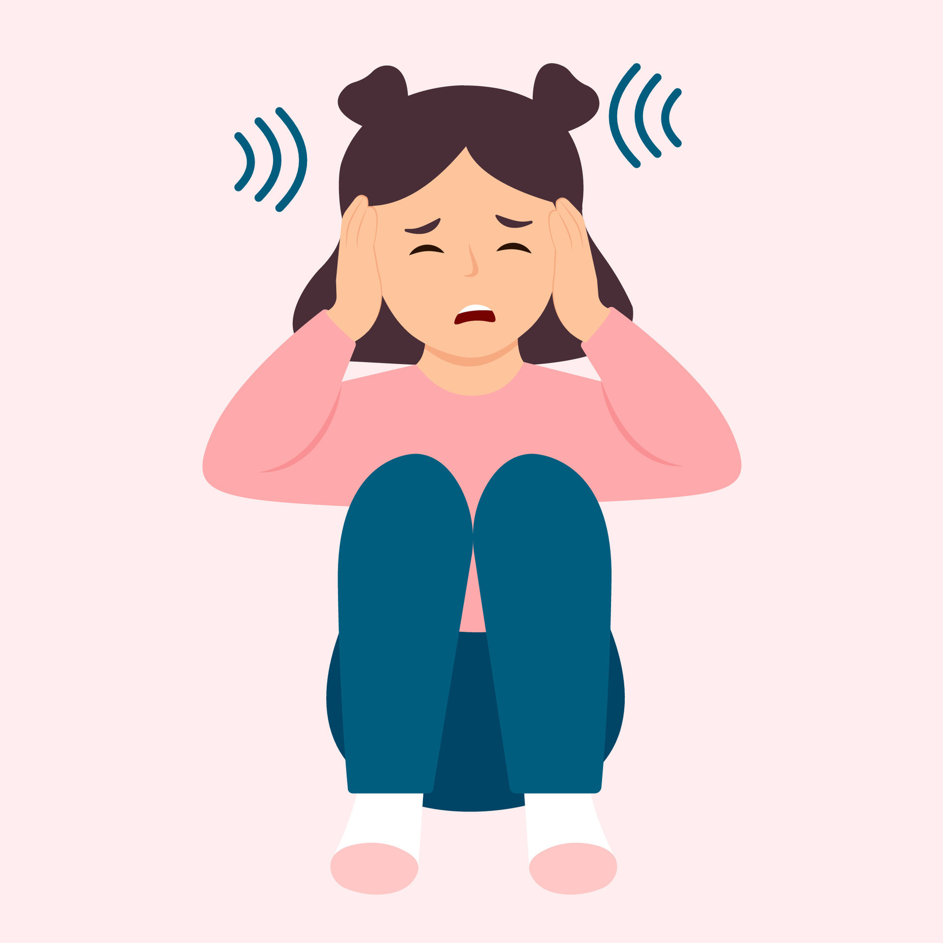 Autism. Girl closing and plugging ears with hands.Kid sensitive to loud