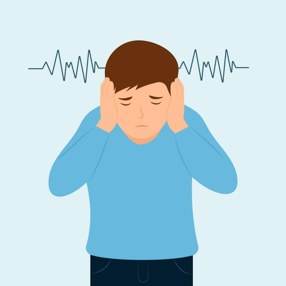 Kid with problem, expression of fear, protection from loud sounds.Autism. Boy closing and plugging ears with hands.Kid sensitive to loud sounds. Early signs of autism syndrome in children. vector