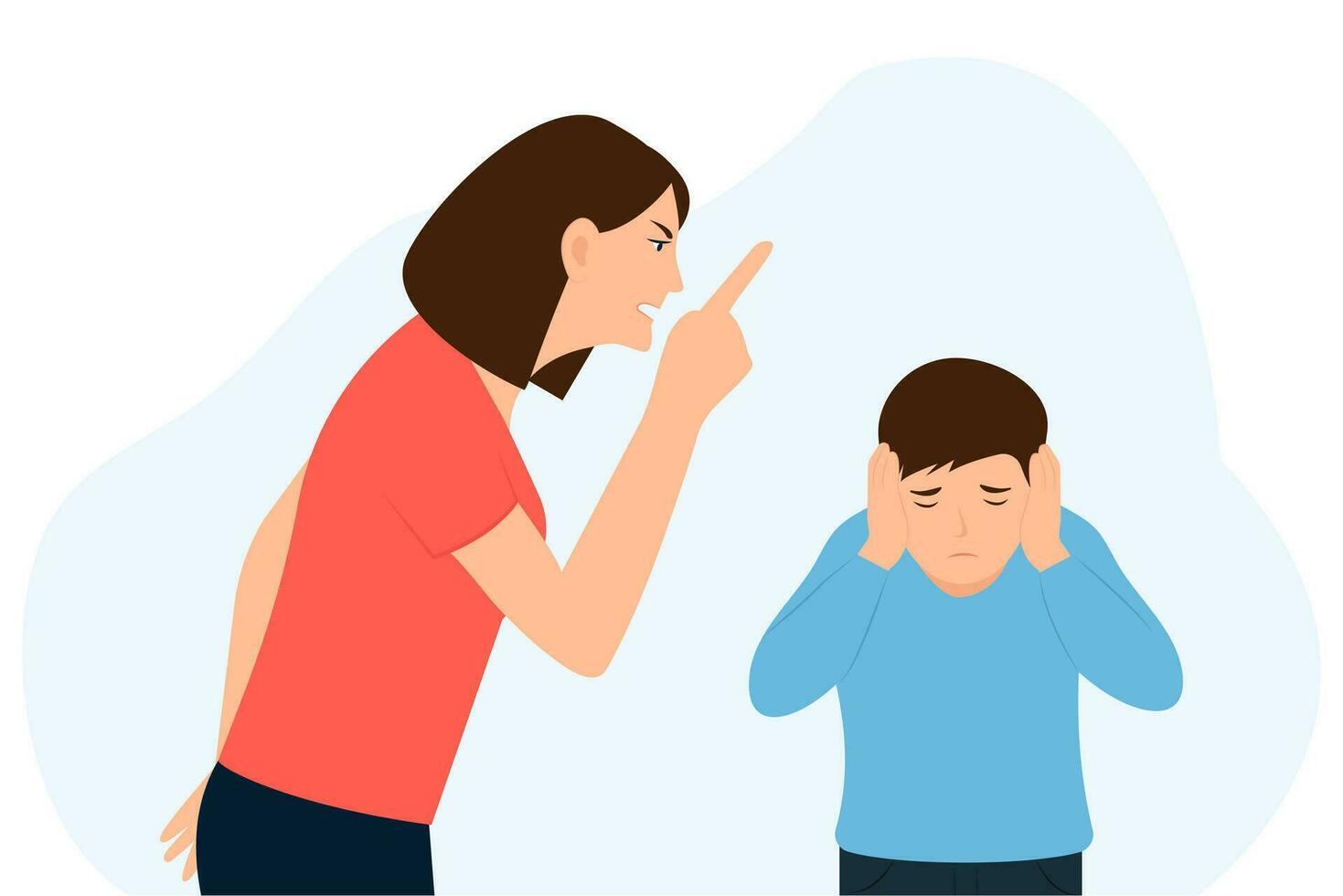 Angry mother screaming at  son. Mom punishing sad kid for breaking rules or bad behavior. Kid is afraid and closes her ears with her hands.Quarrel of parents and children. Vector Illustration