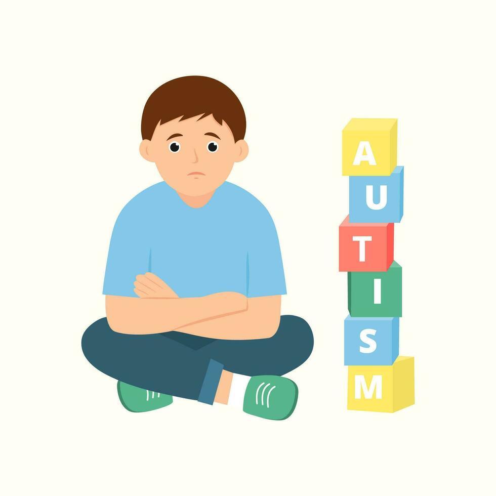 autismo concepto. chico sensación solitario. niño jugando solo con cubitos juguetes con palabra autismo. vector ilustración