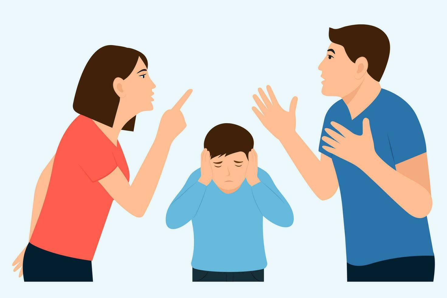 Family conflict concept.  Unhappy boy covering ears with hands, terrified and displeased from loud,ignoring relationship problem and anger of parents. Vector illustration