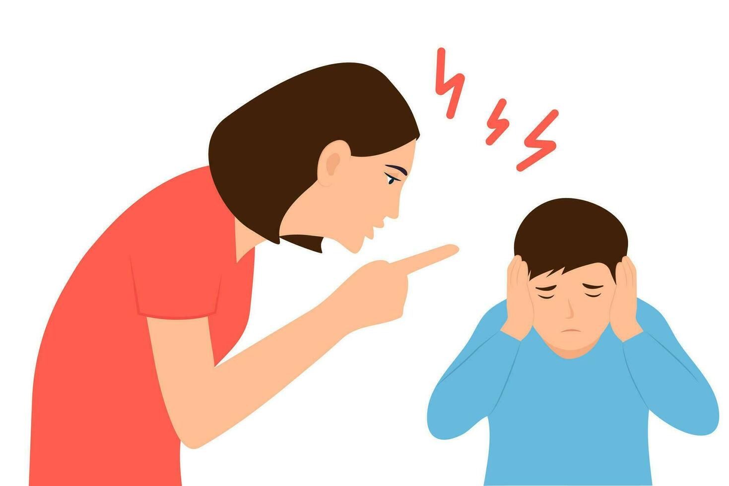 Mother scolding her upset son.  Mom  yelling at child, kid is afraid and closes her ears with her hands.Quarrel of parents and children. Vector Illustration