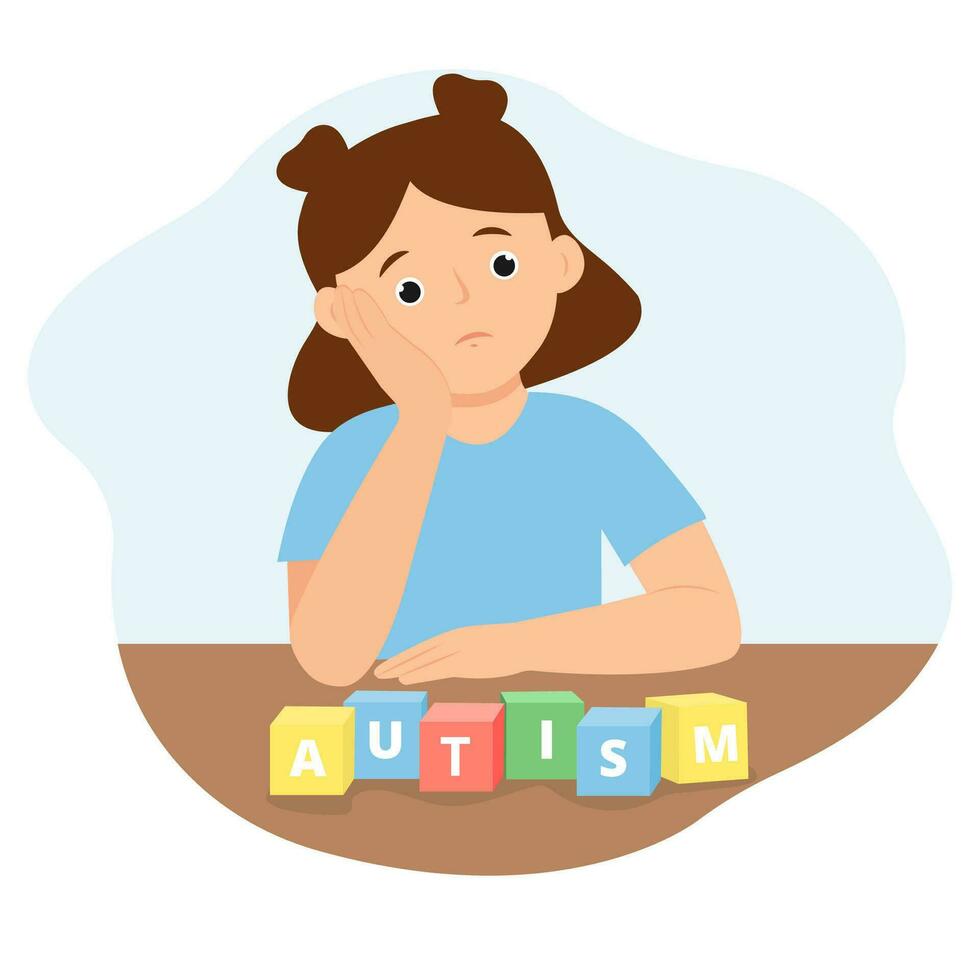 Children autism.Sad girl playing alone with cubes toys.Kid with autistic disorder. Vector illustration