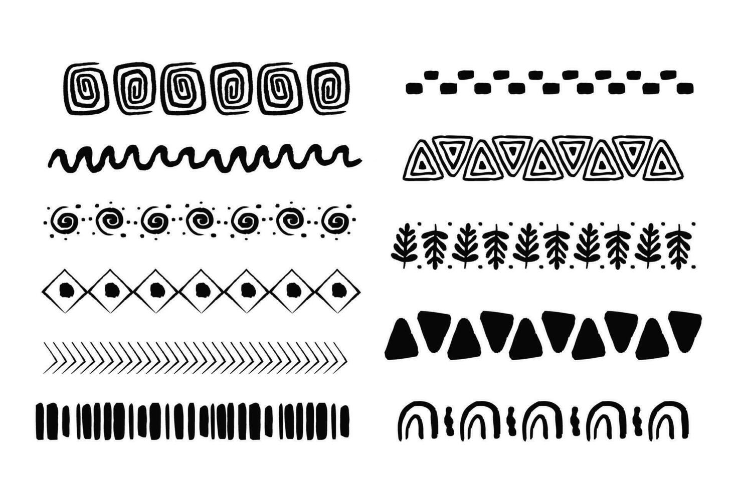 Set african tribal motive border in doodle hand drawn style from geometrical shapes isolated on white background. boho scandinavian srtoke, traditional native decor. Vector illustration