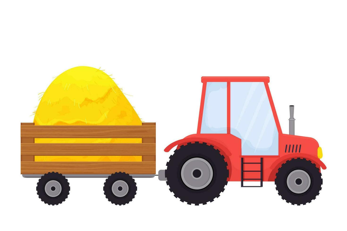 Red tractor with trailer, agriculture equipment in cartoon style isolated on white background. Country vehicle, harvest. . Vector illustration