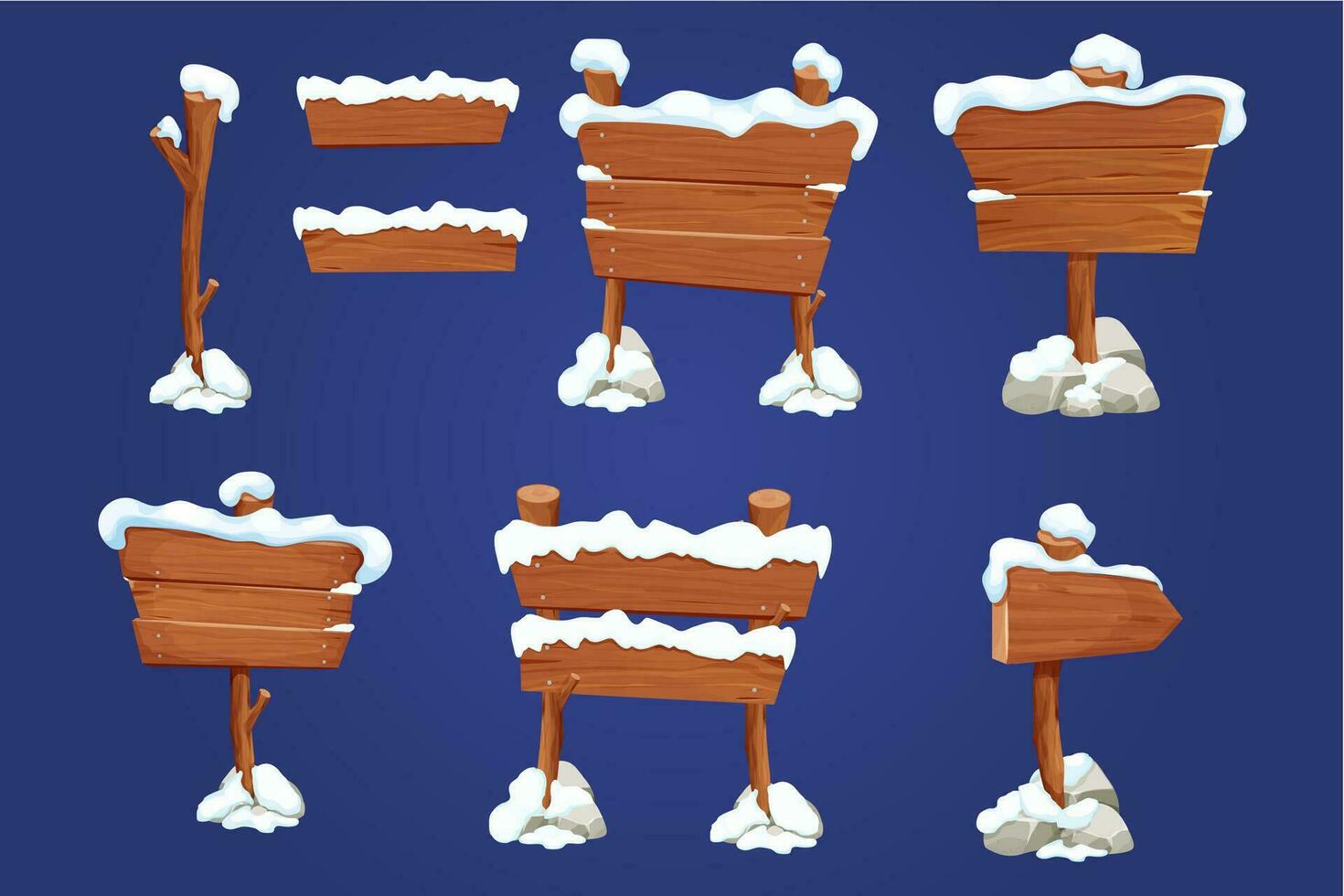 Old wooden blank, signboard on stick with snow and stones in cartoon style.Empty frame, direction plank isolated on white background. Game element Season decoration. Vector illustration