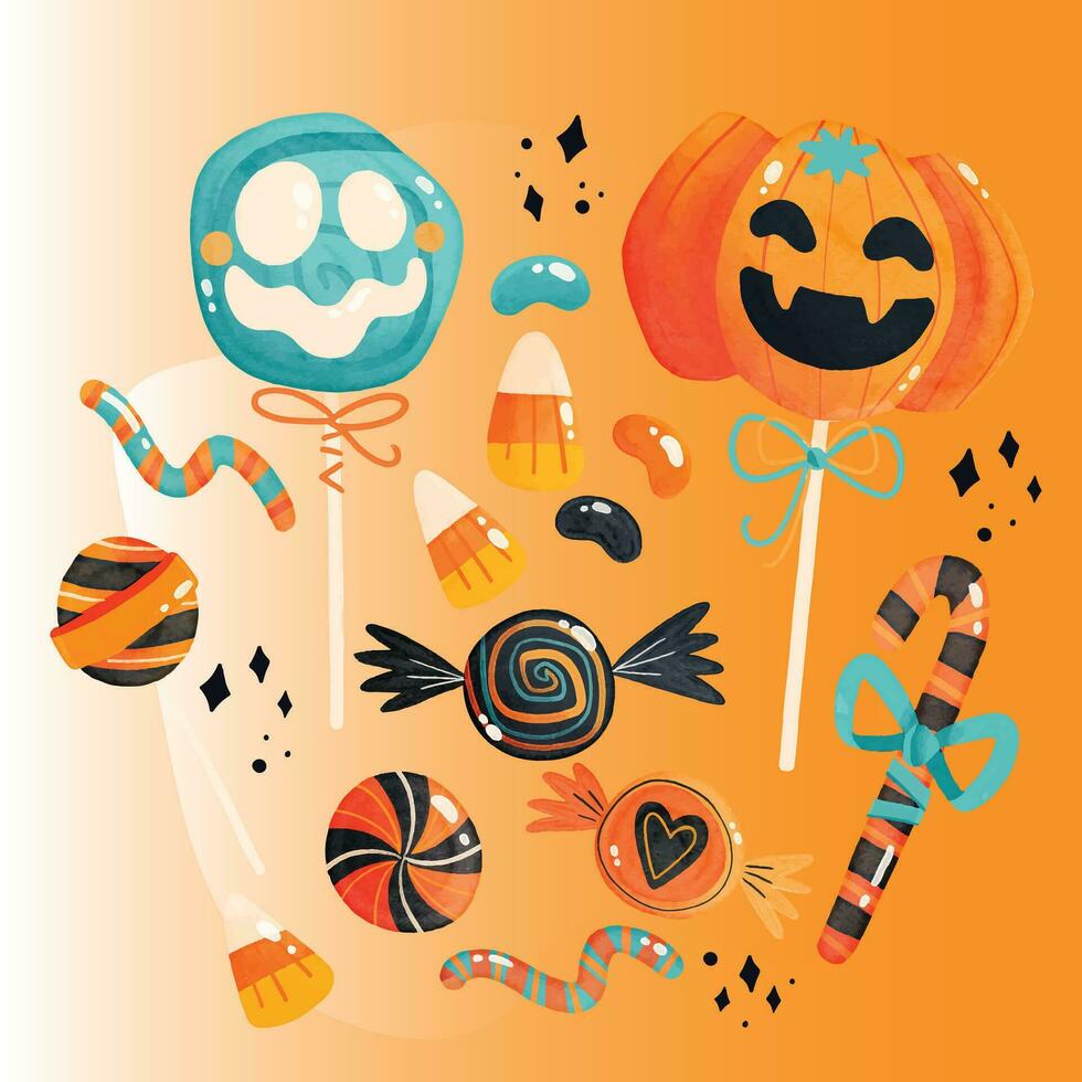 Halloween party poster with lettering. 3D emotional cartoon smiling pumpkins with eyes, candy, bats on yellow background. Festive flyer design. Invitation greeting card. Vector. EPS 10 vector