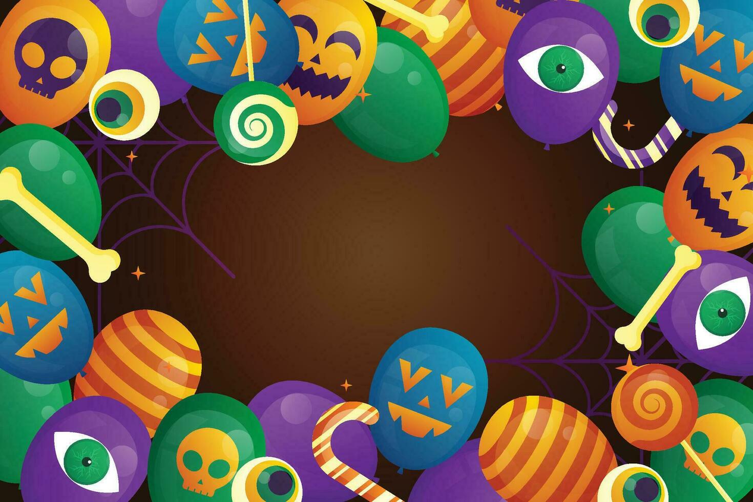 fondo para halloween con globos fantasma de halloween y calabaza. globos de aire aterradores, murciélagos, dulces y elementos de halloween sobre fondo amarillo. sitio web espeluznante, fondo o banner plantilla de halloween vector