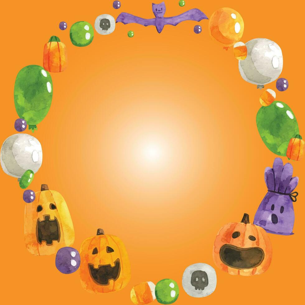 Halloween party poster with lettering. 3D emotional cartoon smiling pumpkins with eyes, candy, bats on yellow background. Festive flyer design. Invitation greeting card. Vector. EPS 10 vector