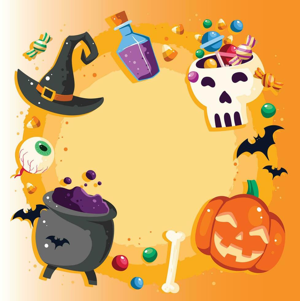 Halloween party poster with lettering. 3D emotional cartoon smiling pumpkins with eyes, candy, bats on yellow background. Festive flyer design. Invitation greeting card. Vector. EPS 10 vector