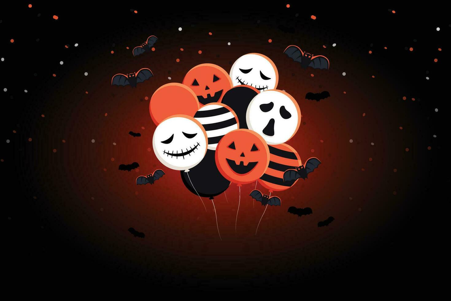 fondo para halloween con globos fantasma de halloween y calabaza. globos de aire aterradores, murciélagos, dulces y elementos de halloween sobre fondo amarillo. sitio web espeluznante, fondo o banner plantilla de halloween vector