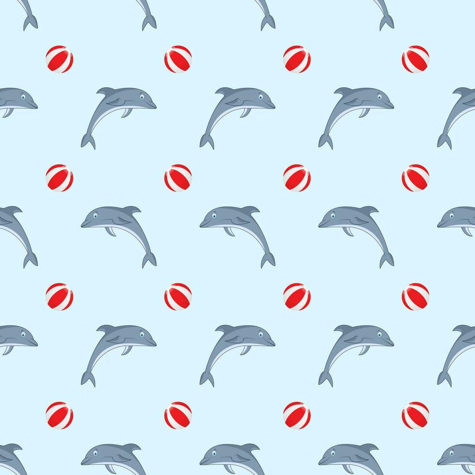 Seamless pattern with dolphins and balls. vector