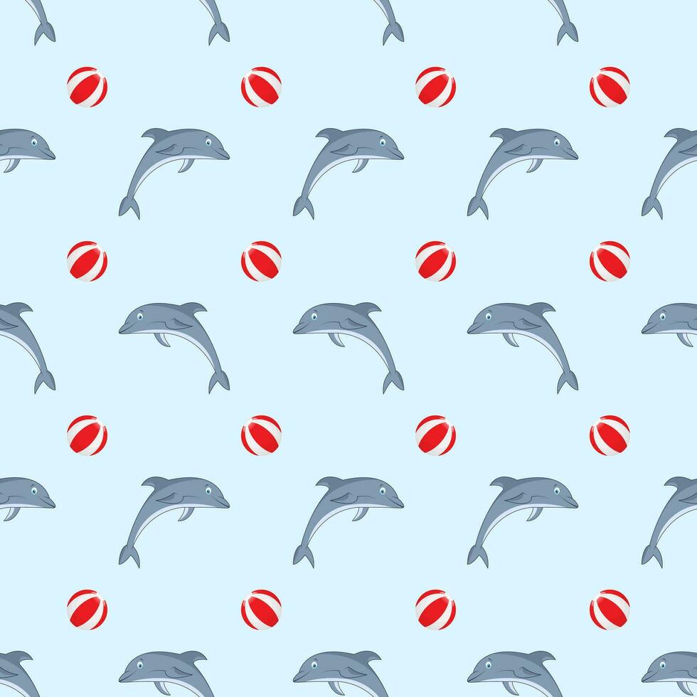 Seamless pattern with dolphins and balls. vector