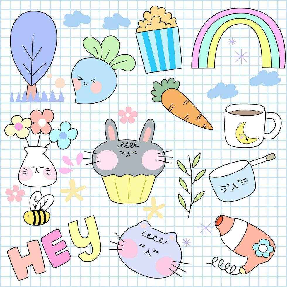 cute cartoon animals and plants in a notebook vector